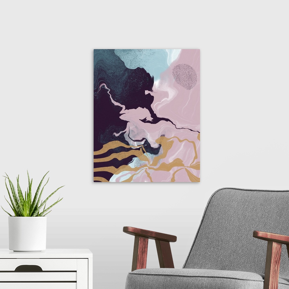 A modern room featuring Abstract liquid artwork in gold, teal, pink and purple.