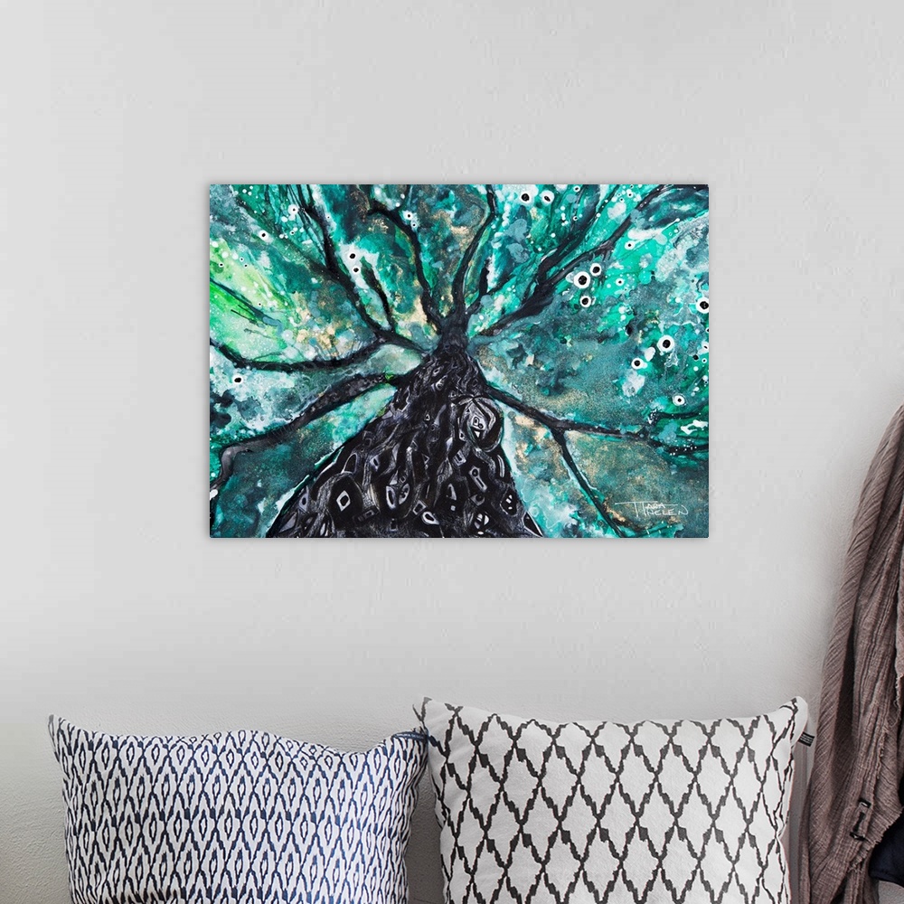 A bohemian room featuring Abstract Watercolor Painting Of A Tree And Its Branches