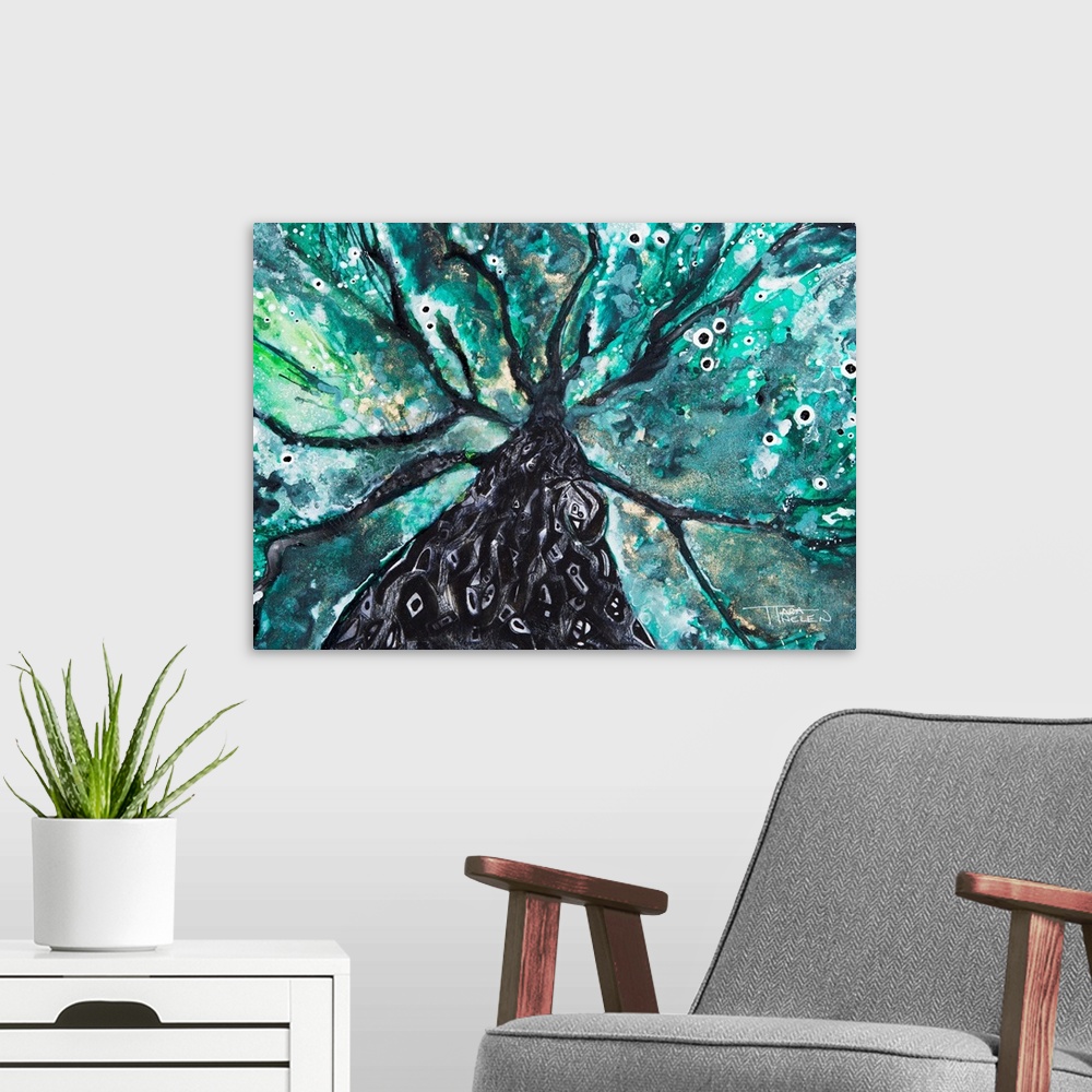 A modern room featuring Abstract Watercolor Painting Of A Tree And Its Branches