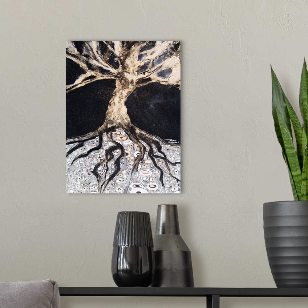 A modern room featuring Abstract Watercolor Painting Of A Tree And Its Roots