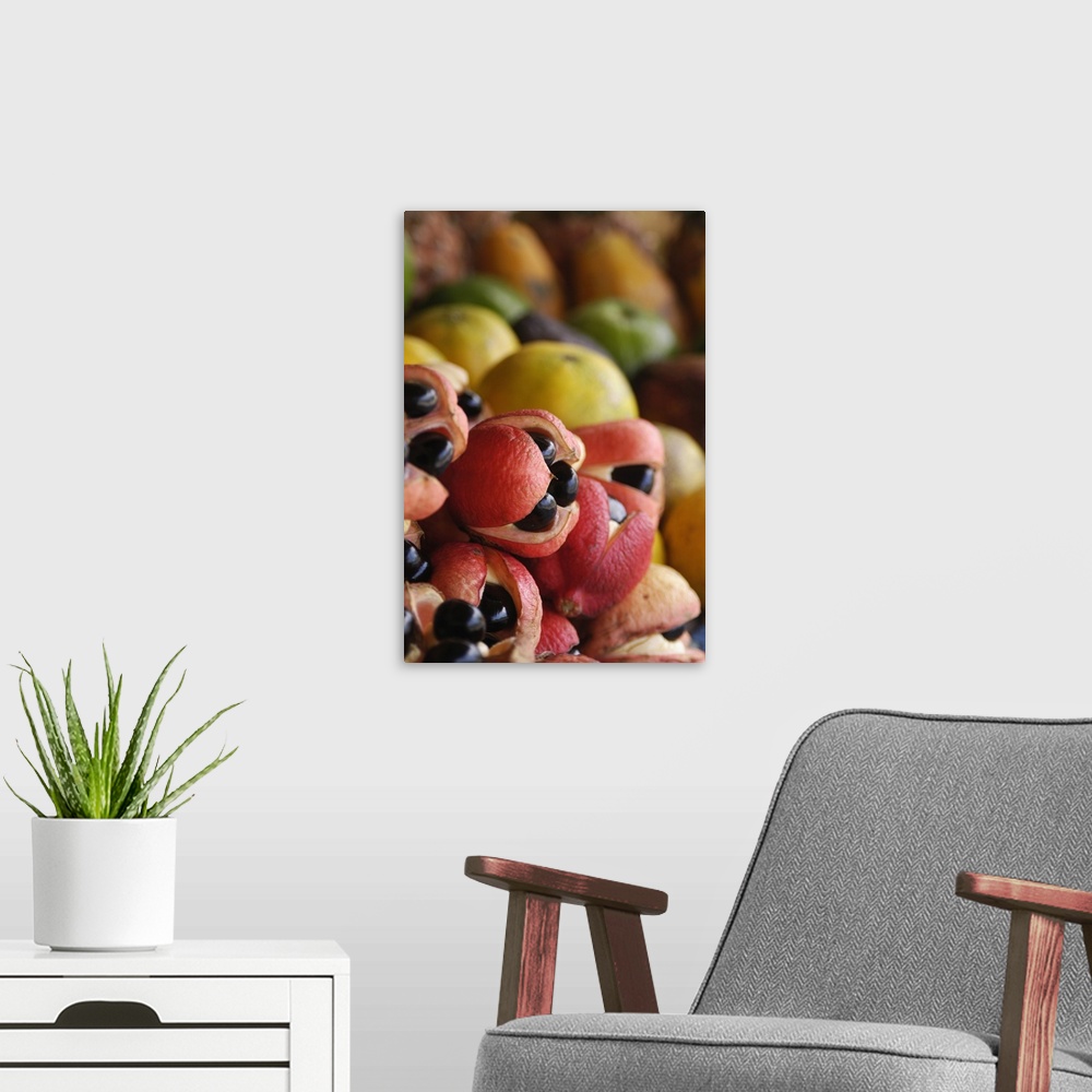 A modern room featuring Ackees And Other Fruits For Sale On Stall, Negril, Jamaica