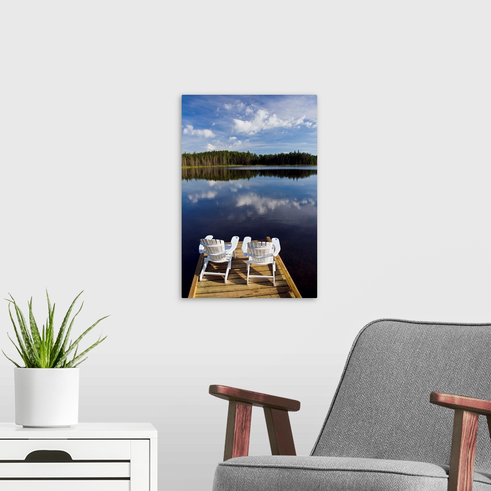 A modern room featuring Adirondack Chairs On Dock, Two Mile Lake, Manitoba, Canada