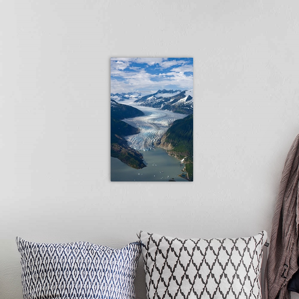 A bohemian room featuring Mendenhall Glacier winds its way down from the Juneau Ice Field to Mendenhall Lake, where the fac...