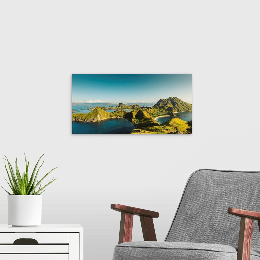 A modern room featuring Aerial view of Padar Island in the Komodo National Park, home of the famous Komodo Dragon, Flores...