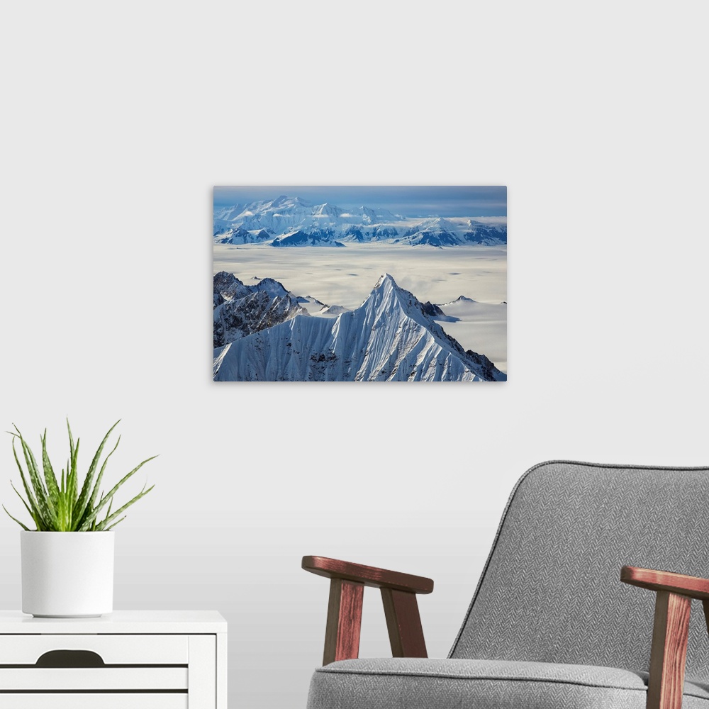 A modern room featuring Aerial view of the mountains and icefields in Kluane National Park. Yukon, Canada.