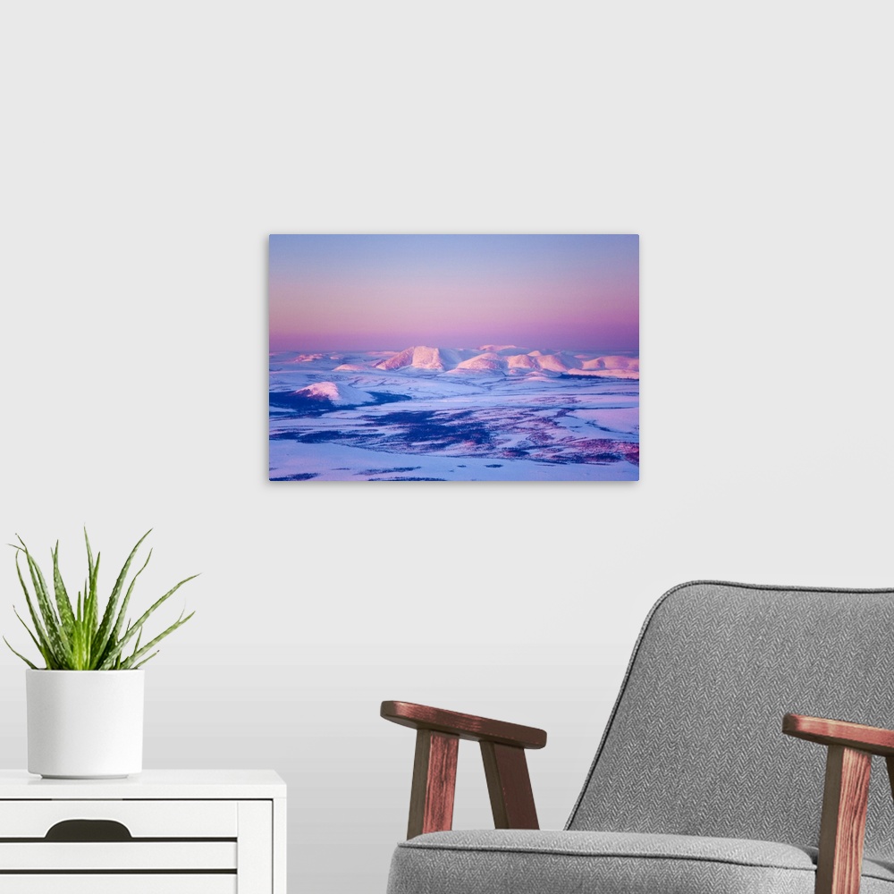A modern room featuring Aerial view of the Noatak River valley and the Baird Mountains just before sunset during Winter, ...