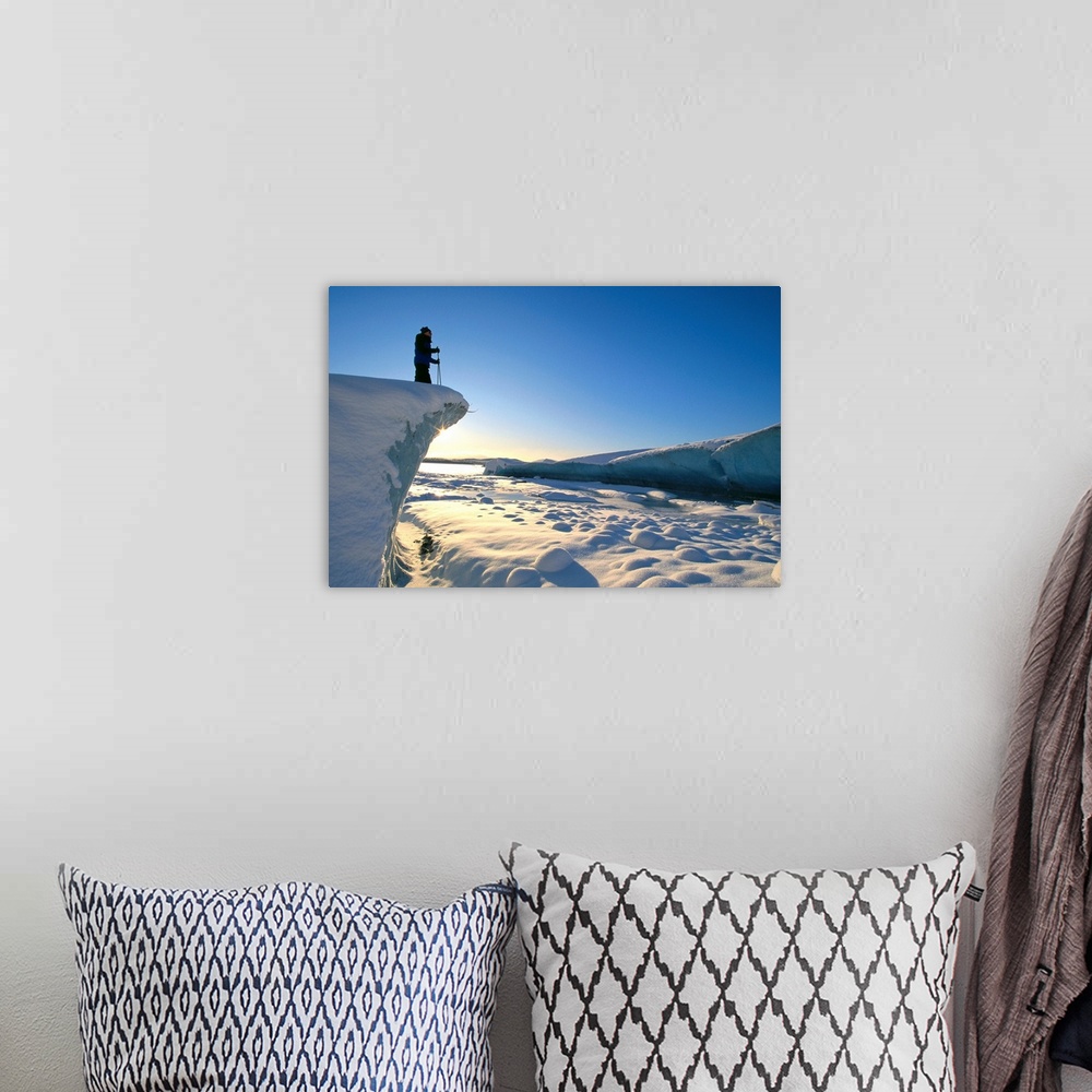 A bohemian room featuring Alaska, Juneau, Mendenhall Glacier, Nordic Skier On Cliff Overlooking Scenery