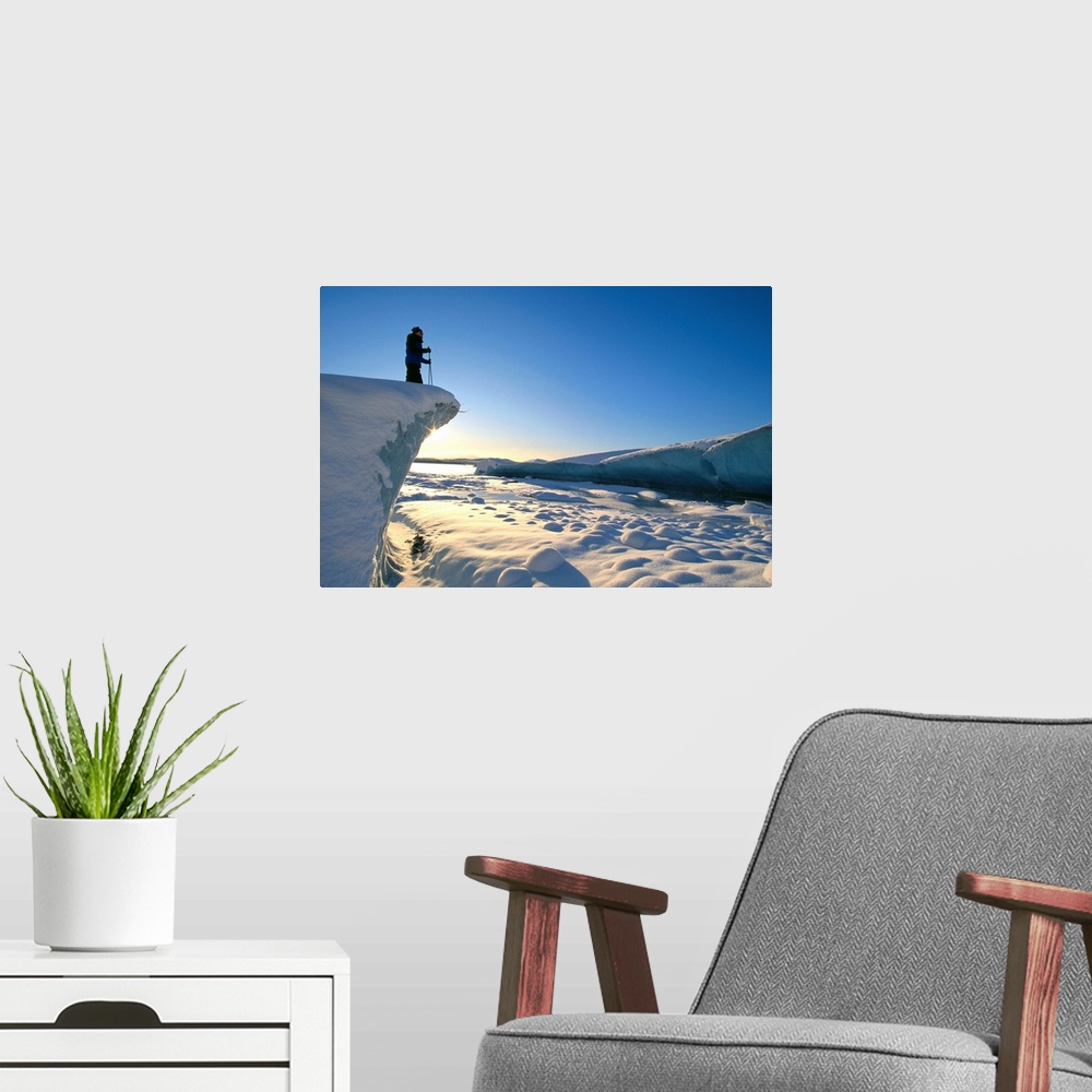 A modern room featuring Alaska, Juneau, Mendenhall Glacier, Nordic Skier On Cliff Overlooking Scenery