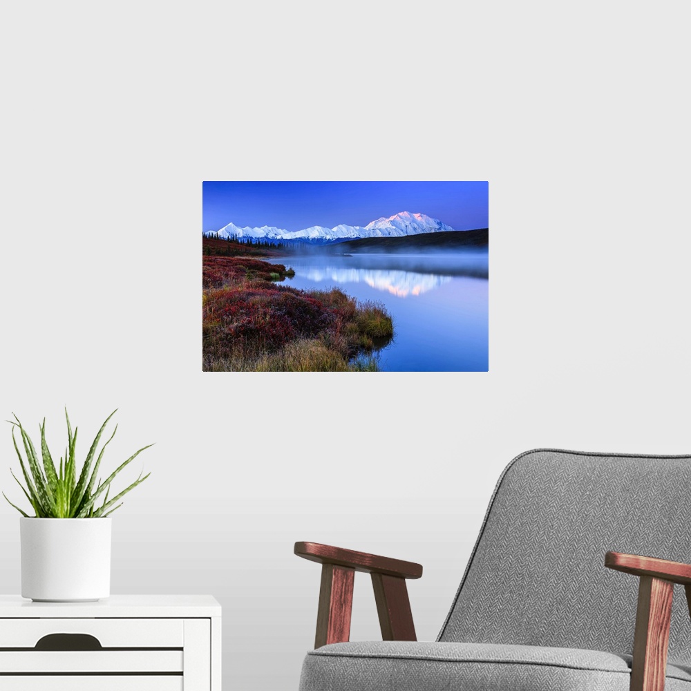 A modern room featuring Reflection of the Alaska Range mountains in the tranquil water of Wonder Lake at sunrise in Denal...