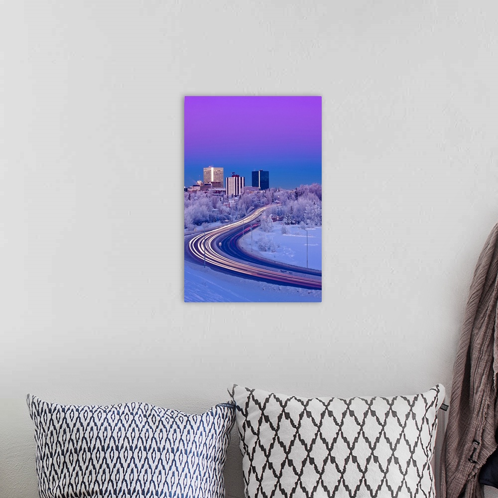 A bohemian room featuring Alpenglow Over The Anchorage Skyline With The Lights From Traffic On Minnesota Blvd. In The Foreg...