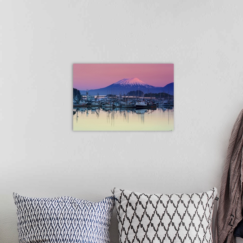 A bohemian room featuring Alpenglow Sunrise On Mt. Edgecumbe And The Small Boat Harbor In Sitka, Alaska