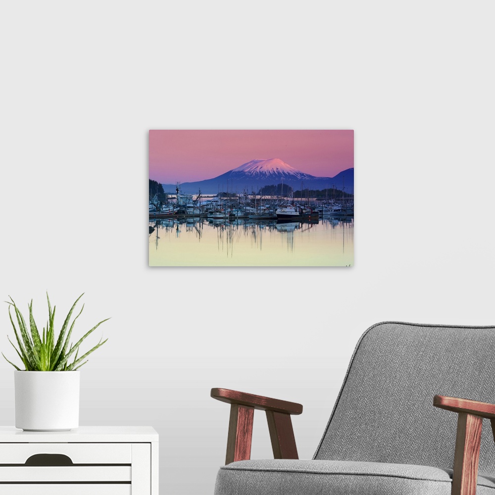 A modern room featuring Alpenglow Sunrise On Mt. Edgecumbe And The Small Boat Harbor In Sitka, Alaska