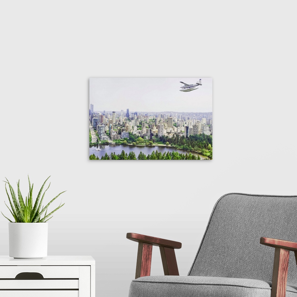 A modern room featuring Cessna Caravan Amphibian Seaplane On Approach To The Vancouver Harbour Water Airport; Vancouver B...