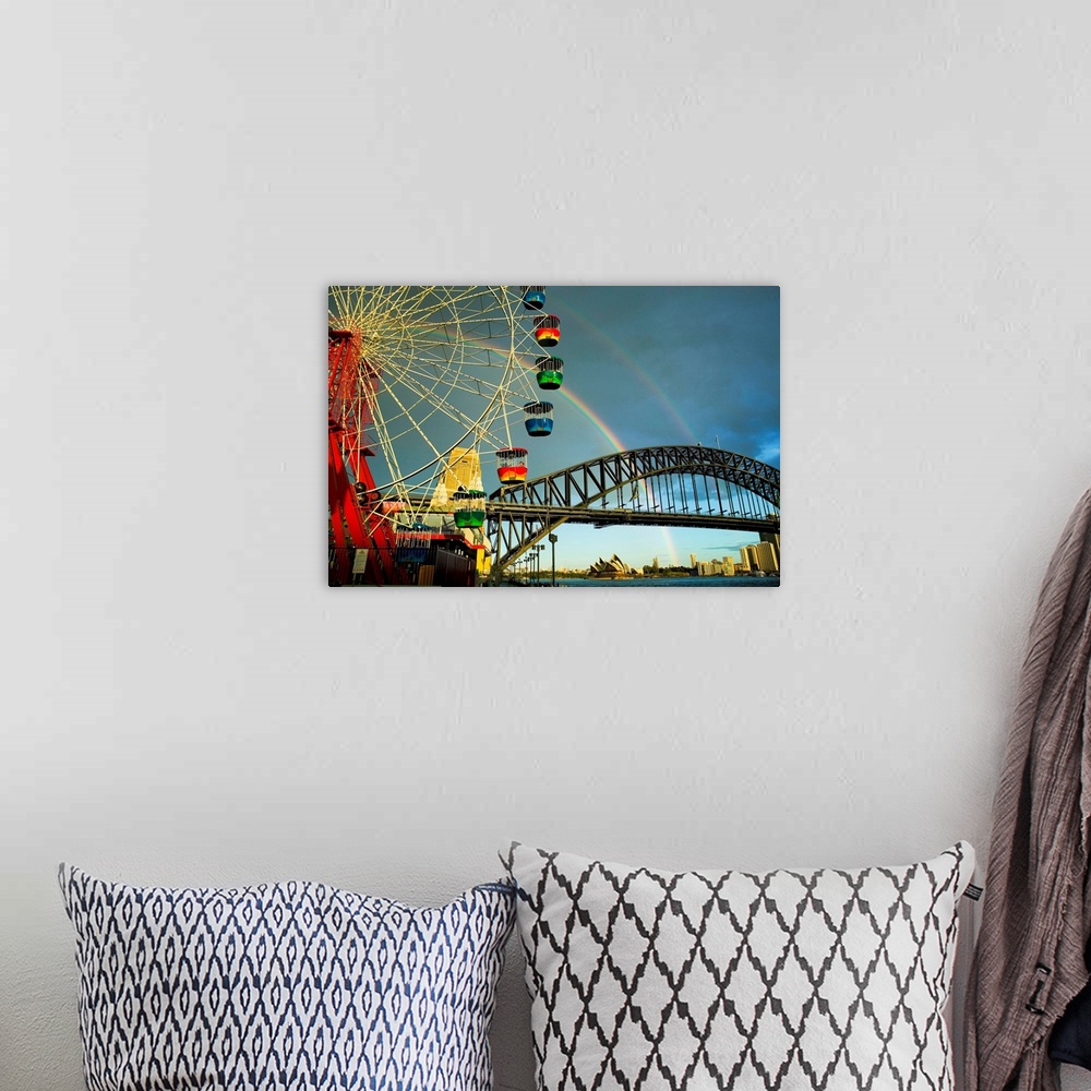 A bohemian room featuring Amusement Park ride in front of Sydney Harbor Bridge; Sydney, Australia