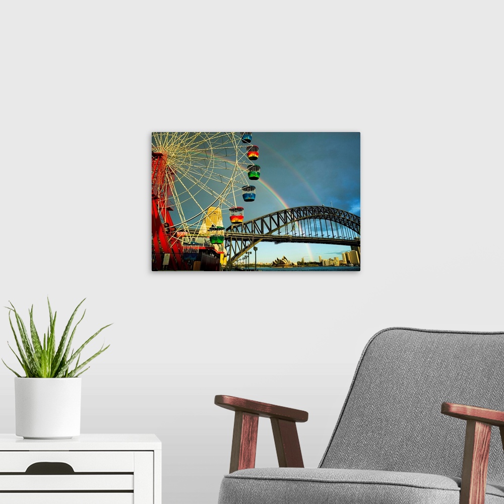A modern room featuring Amusement Park ride in front of Sydney Harbor Bridge; Sydney, Australia