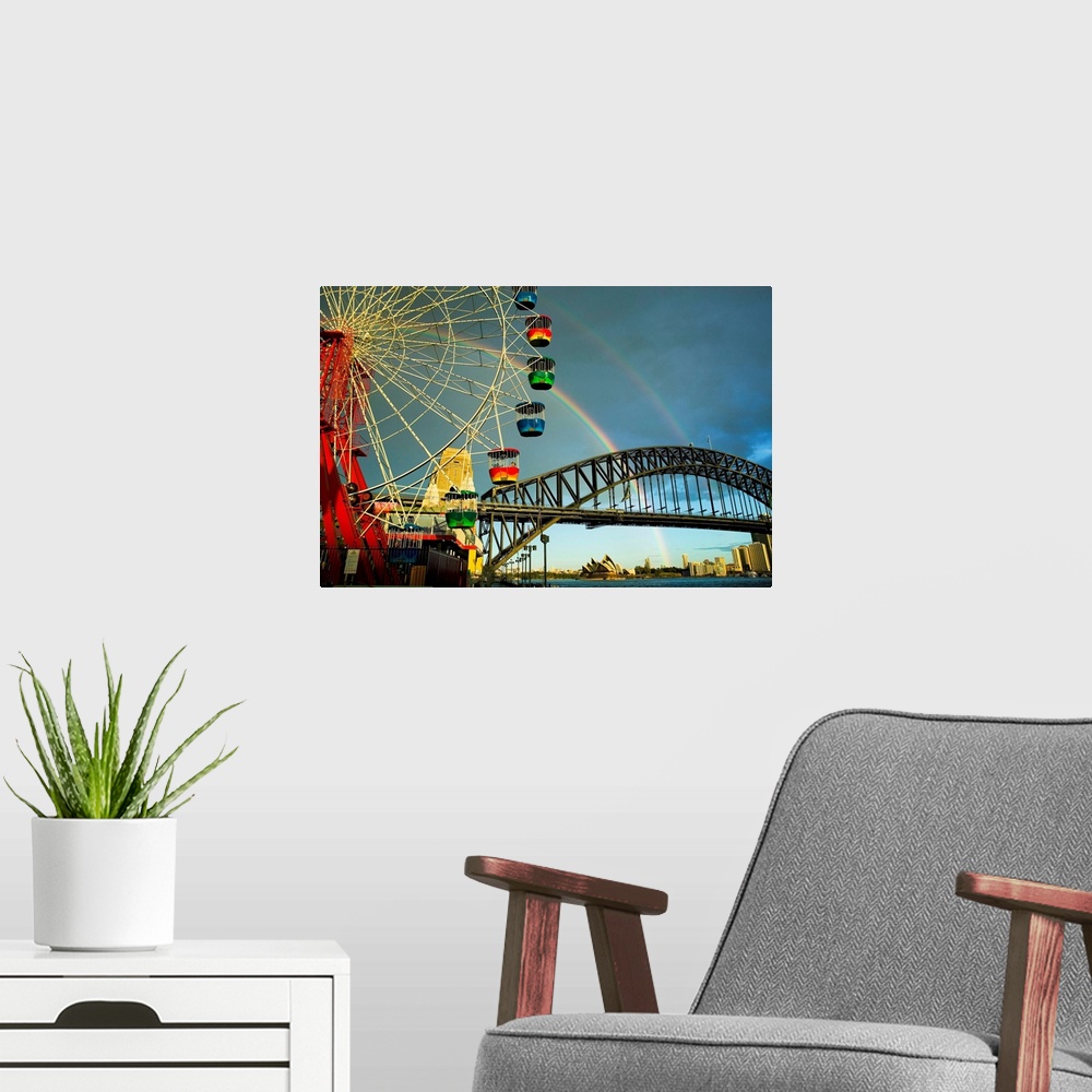 A modern room featuring Amusement Park ride in front of Sydney Harbor Bridge; Sydney, Australia
