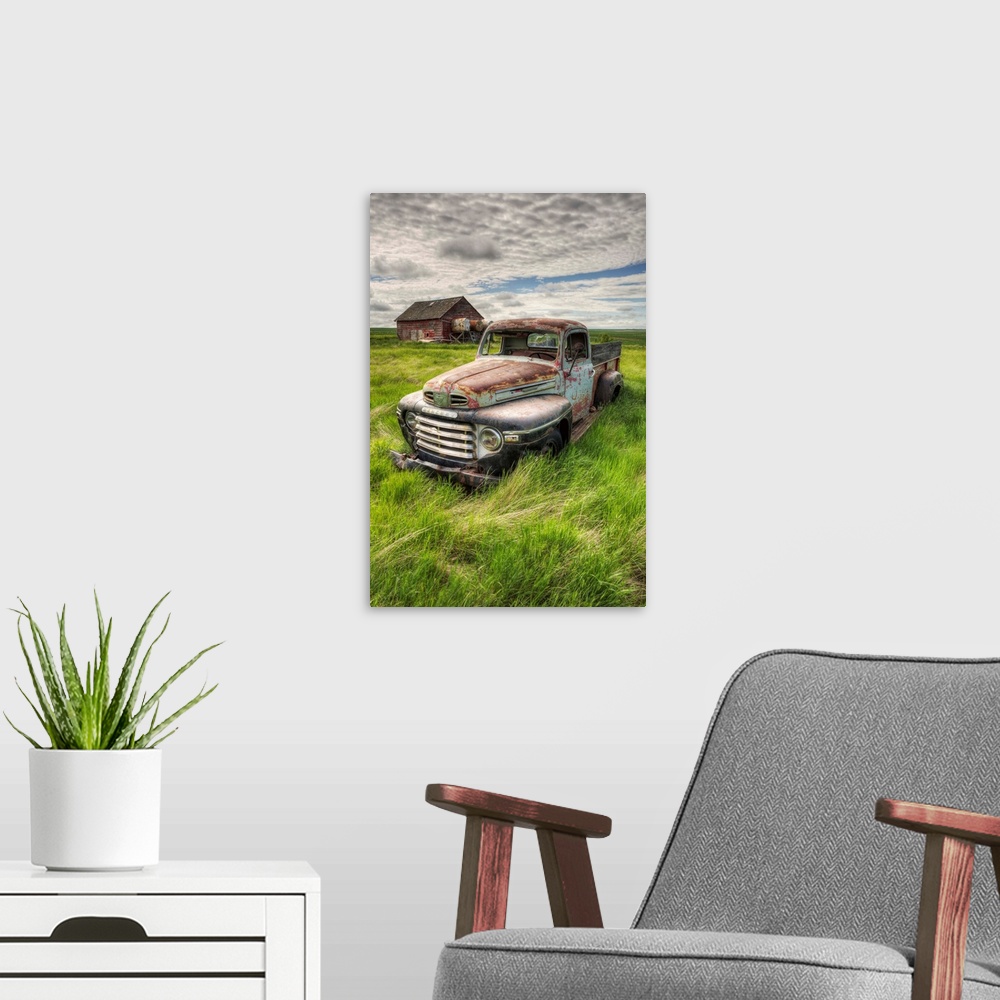 A modern room featuring HDR image of an abandoned truck in a rural area, Saskatchewan, Canada.