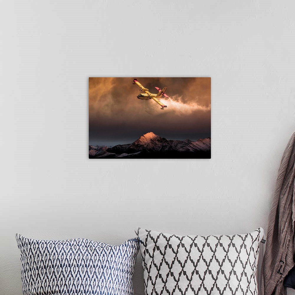 A bohemian room featuring An aircraft dropping water on a forest fire in the mountains below, composite image.