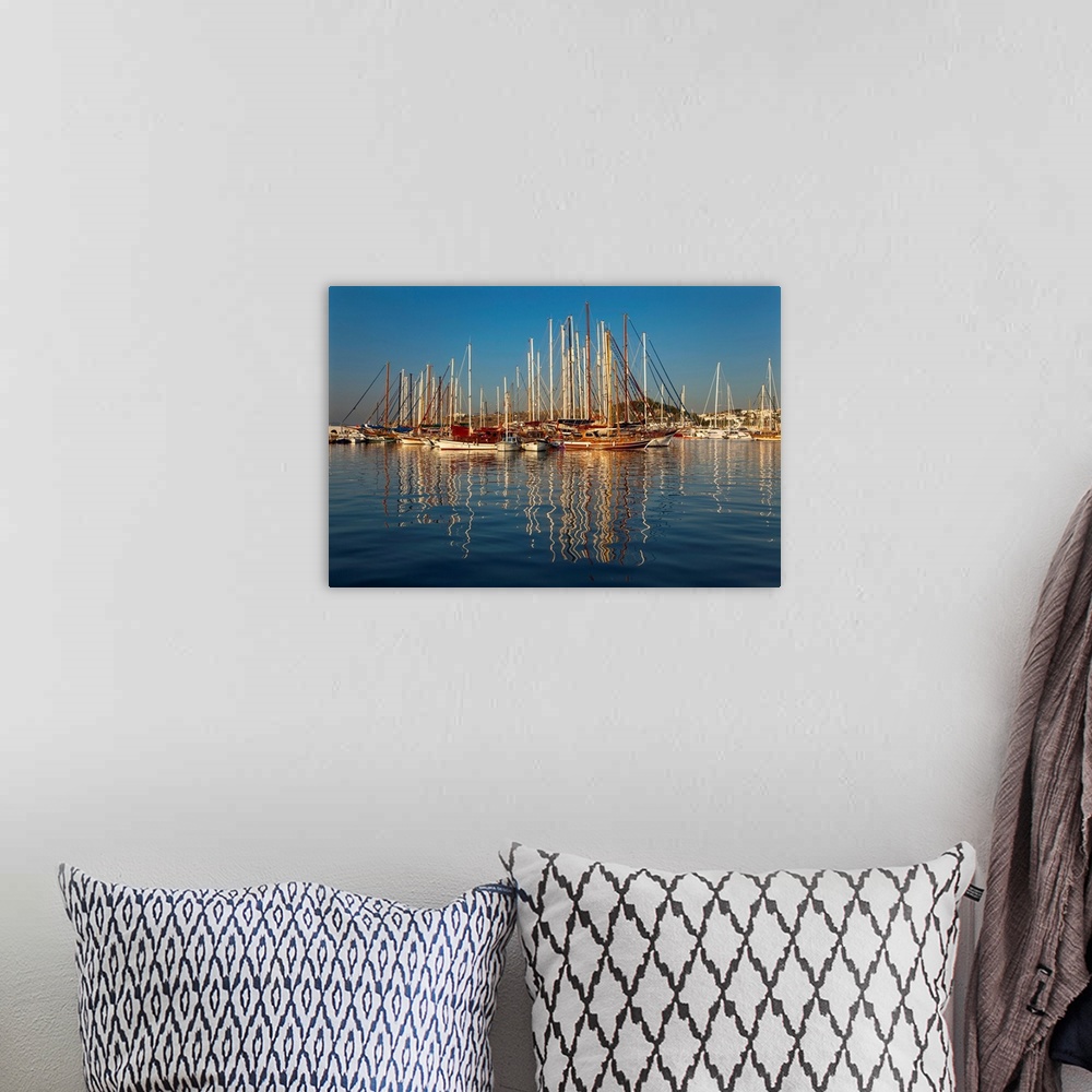 A bohemian room featuring An early morning view of boats in the harbour, at Bodrum, Turkey., The harbour at Bodrum, on the ...