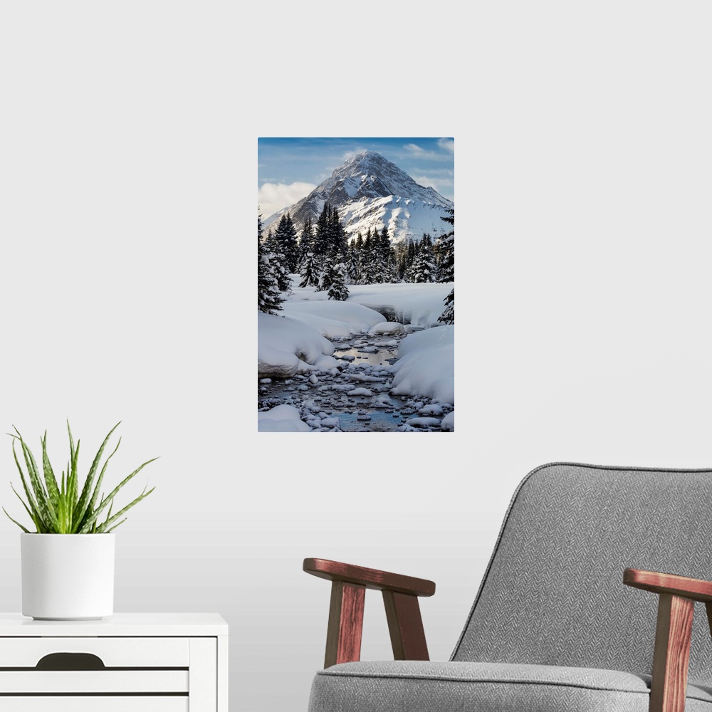 A modern room featuring An open creek with snow covered curvy banks, filled with snow covered rocks and snow covered tree...