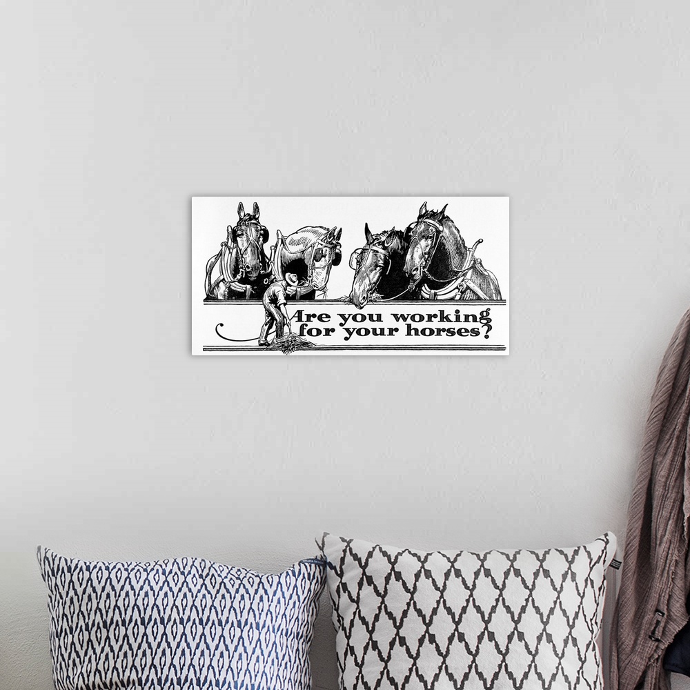 A bohemian room featuring Advertisement with illustration of farmer and horses in early 20th century.