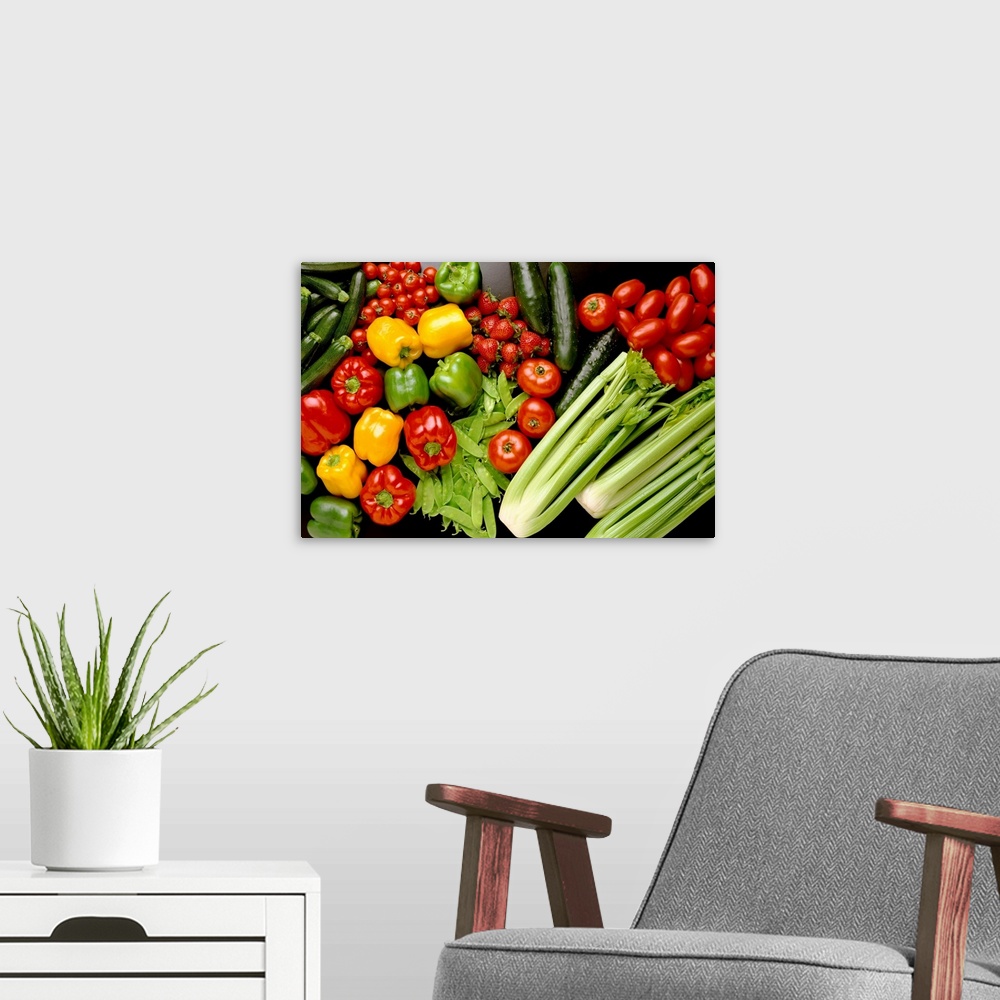 A modern room featuring Arrangement of fruits and vegetables