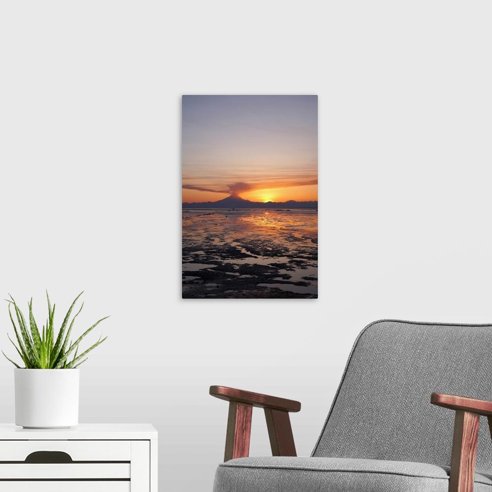 A modern room featuring Ash Cloud Rises From Mt. Redoubt At Sunset During Low Tide Near Ninilchik, Alaska