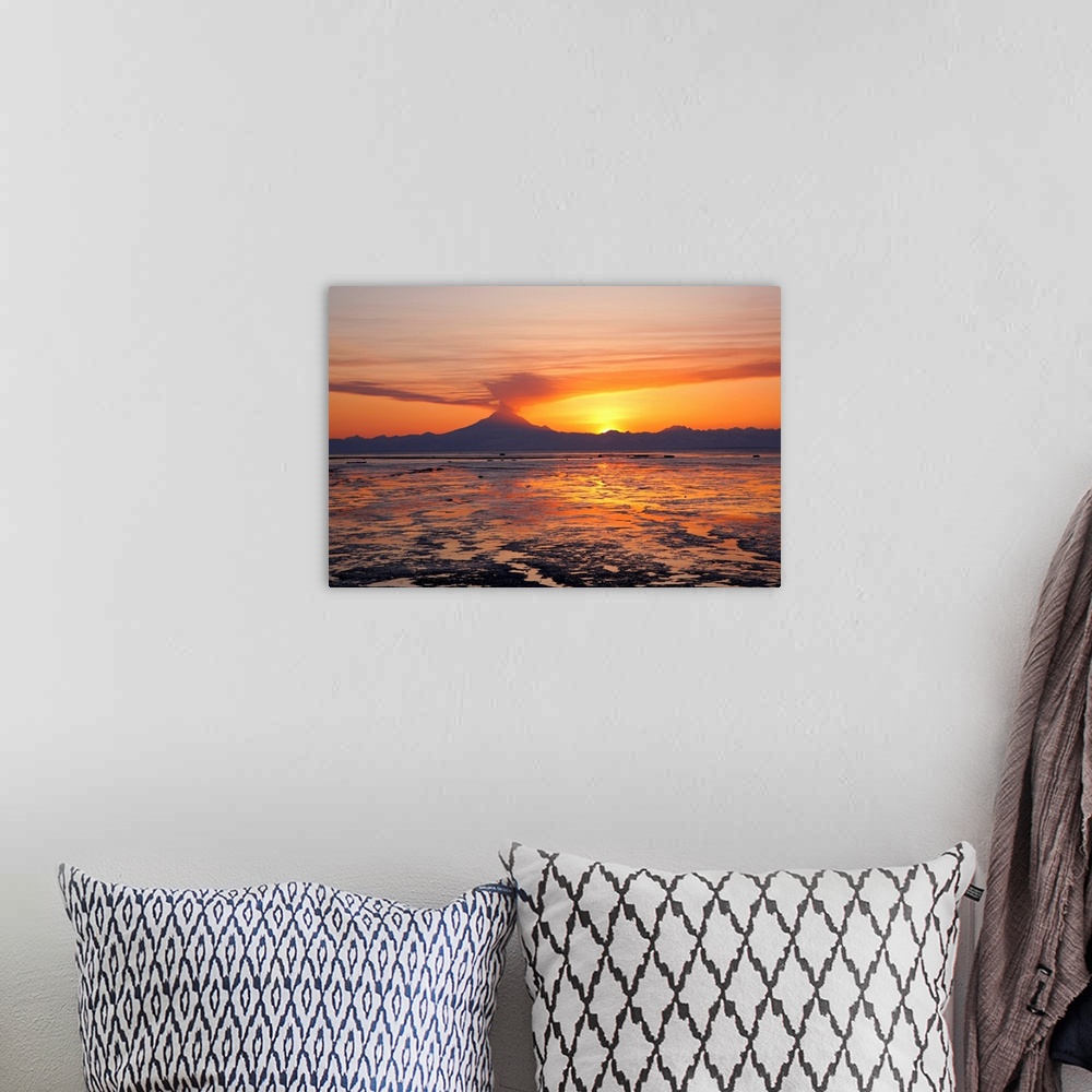 A bohemian room featuring Ash cloud rises from Mt. Redoubt at sunset during low tide near Ninilchik, Alaska