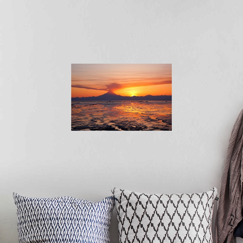 A bohemian room featuring Ash cloud rises from Mt. Redoubt at sunset during low tide near Ninilchik, Alaska