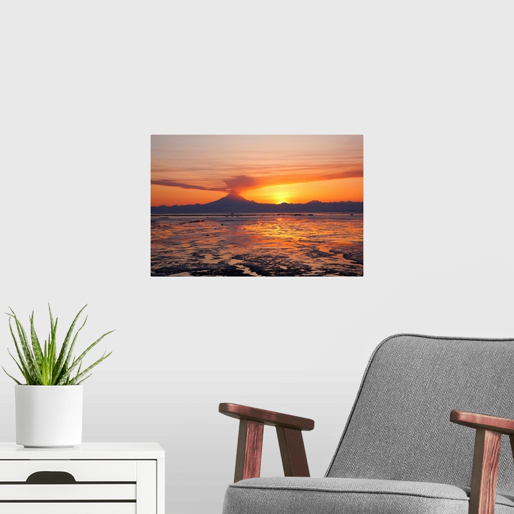 A modern room featuring Ash cloud rises from Mt. Redoubt at sunset during low tide near Ninilchik, Alaska