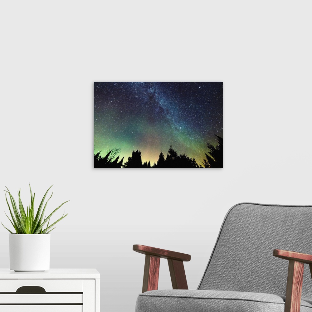 A modern room featuring Aurora Borealis And Milky Way, Mont-Tremblant National Park, Quebec, Canada