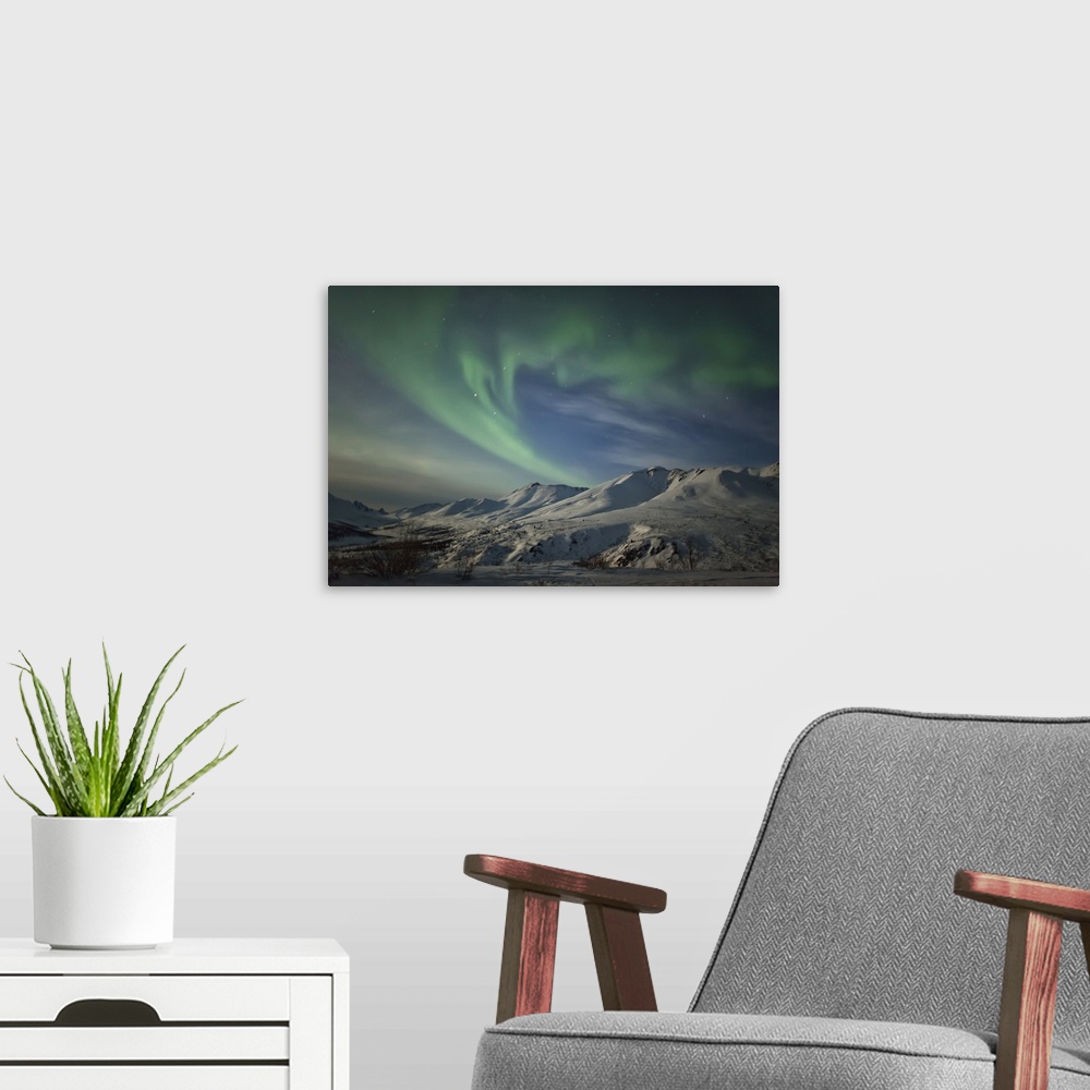 A modern room featuring Aurora borealis dances over the klondike valley in tombstone territorial park; yukon canada