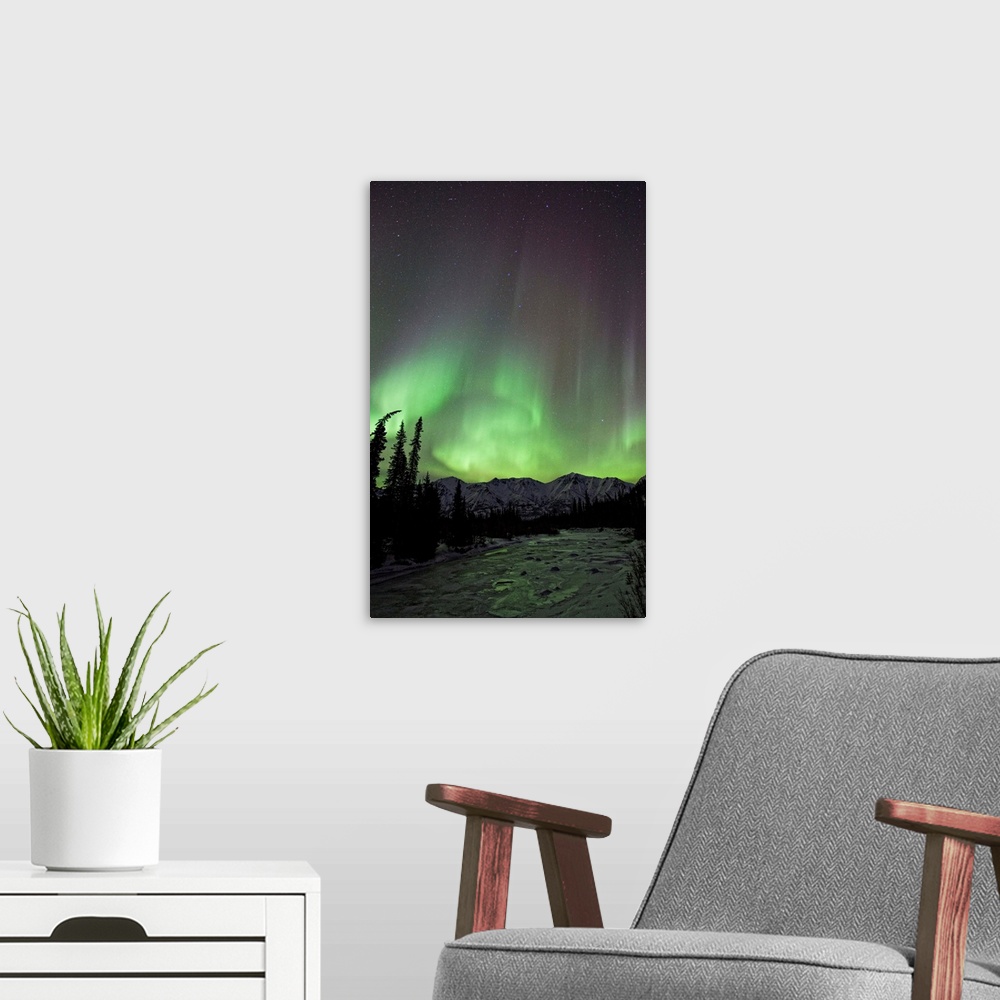 A modern room featuring Aurora Borealis Over The Wheaton River, Yukon, Canada