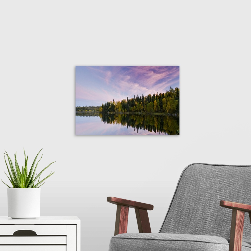 A modern room featuring Autumn coloured foliage on the trees surrounding Dickens Lake at sunset; Saskatchewan, Canada