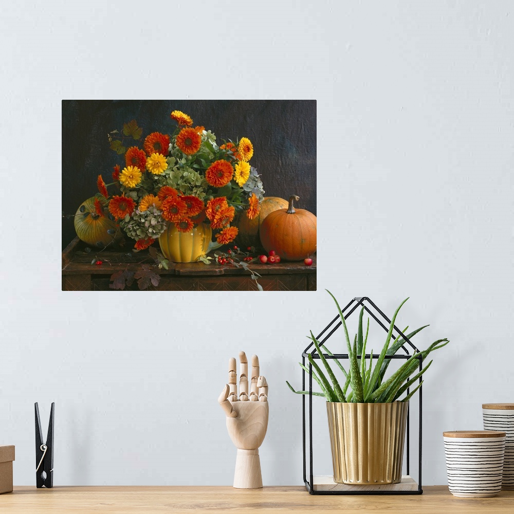 A bohemian room featuring Autumn flower bouquet with pumpkins