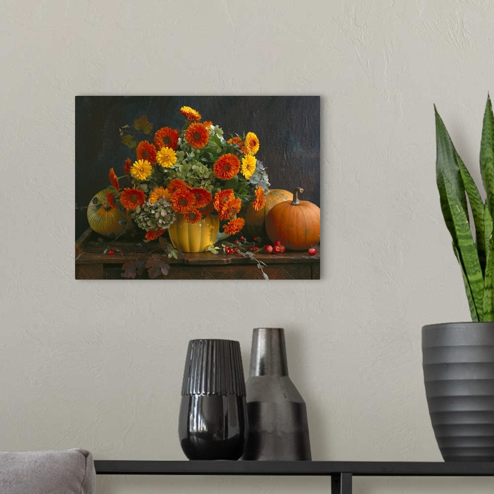 A modern room featuring Autumn flower bouquet with pumpkins