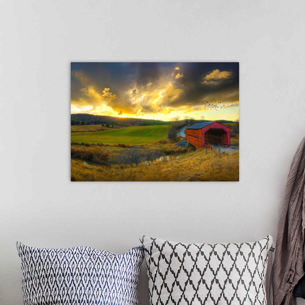 A bohemian room featuring Autumn Sunset Over Meech Creek And Covered Bridge In Gatineau Hills, Quebec, Canada