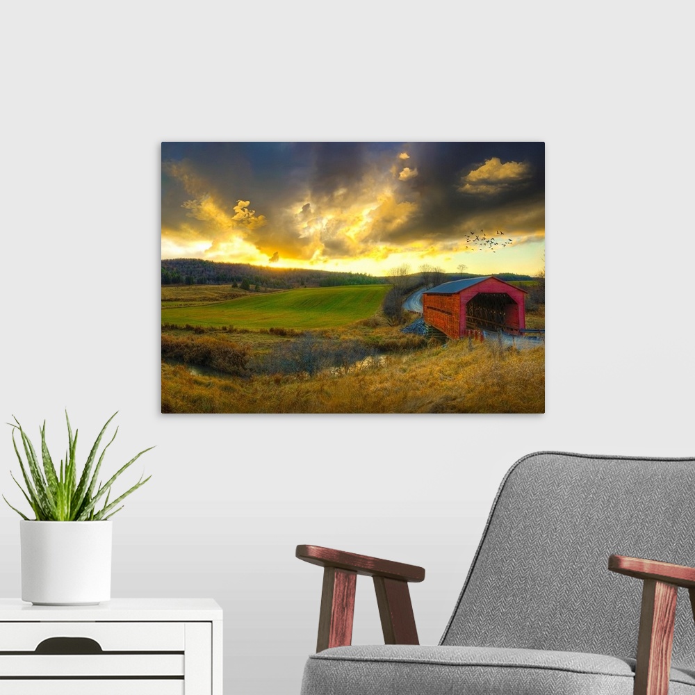 A modern room featuring Autumn Sunset Over Meech Creek And Covered Bridge In Gatineau Hills, Quebec, Canada