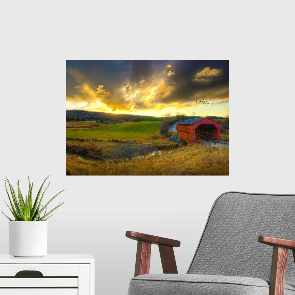 A modern room featuring Autumn Sunset Over Meech Creek And Covered Bridge In Gatineau Hills, Quebec, Canada