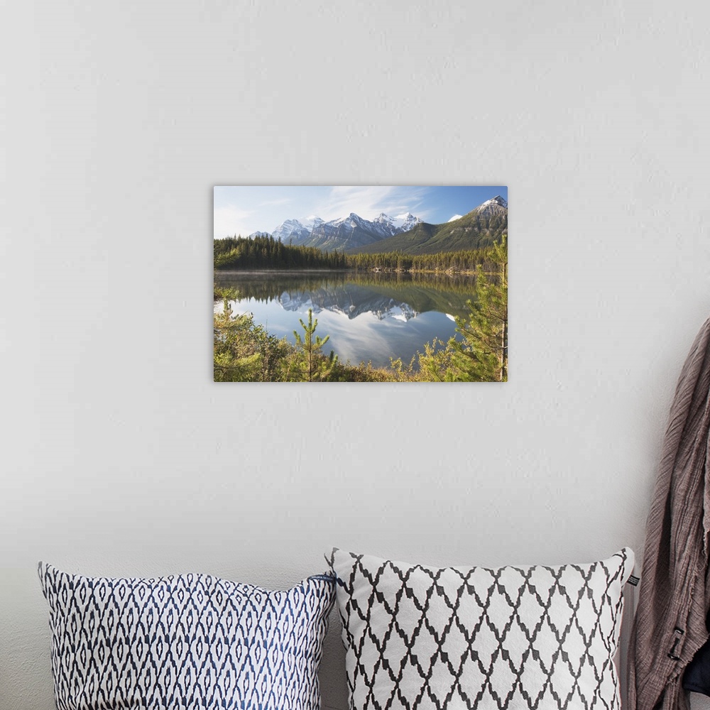 A bohemian room featuring Banff National Park, Alberta, Canada, Mountains Reflected In A Lake In Late Summer