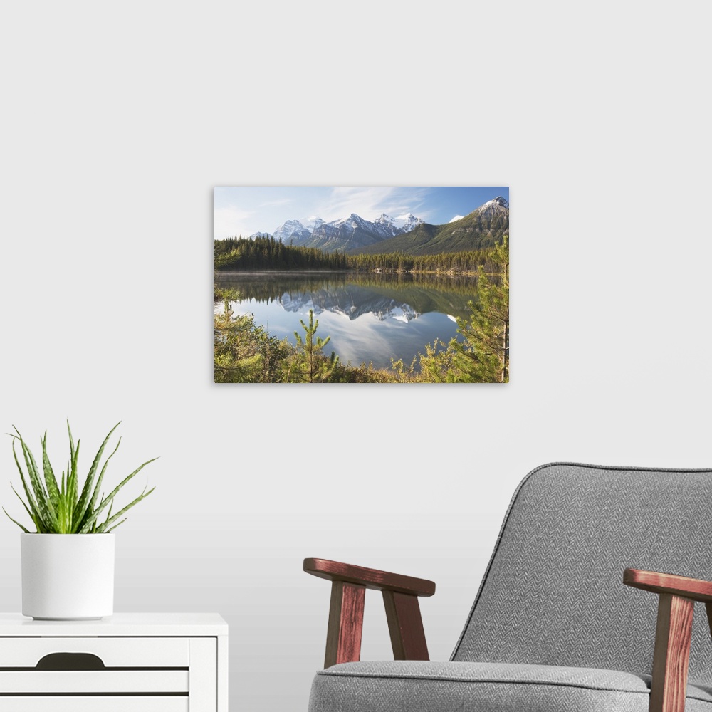 A modern room featuring Banff National Park, Alberta, Canada, Mountains Reflected In A Lake In Late Summer