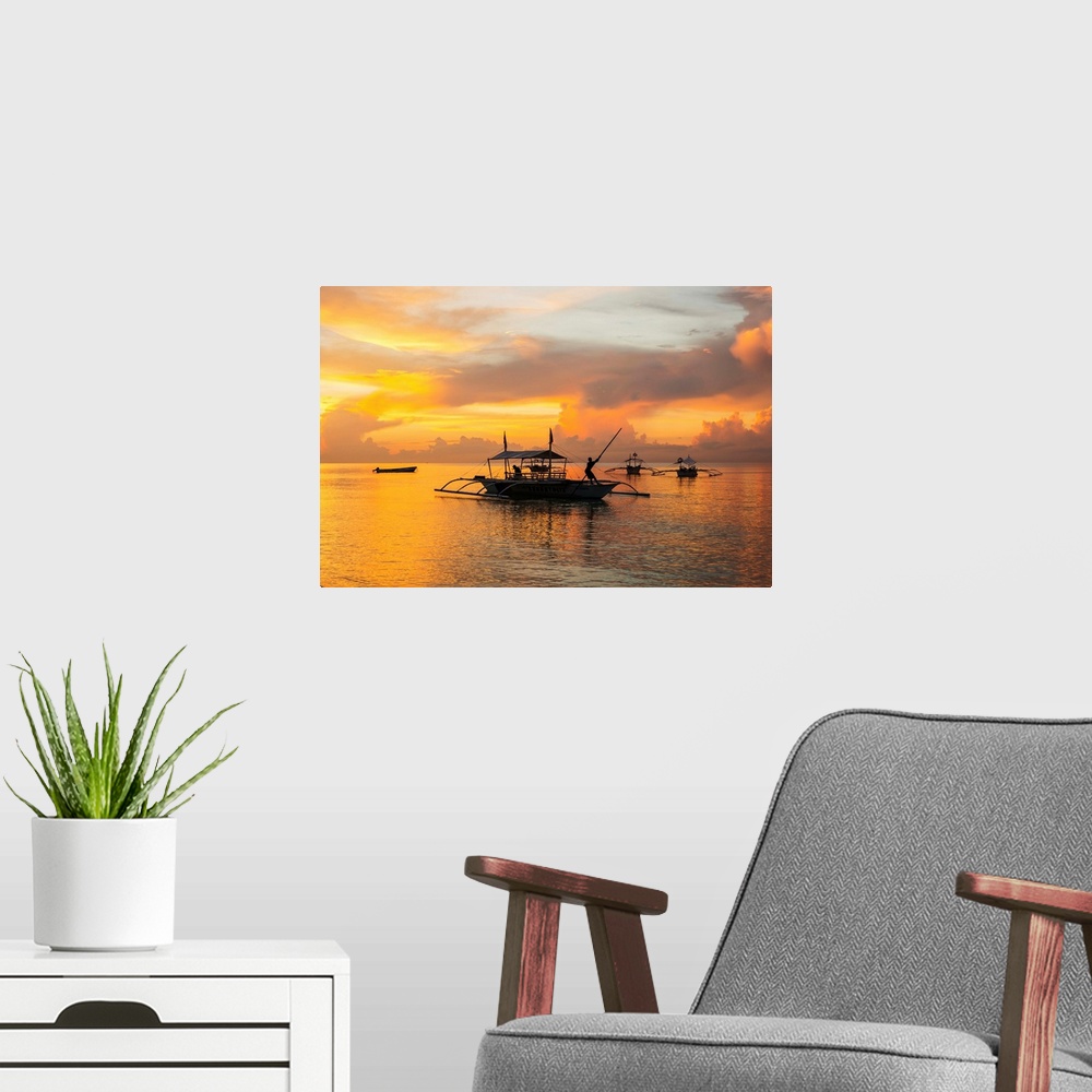 A modern room featuring Beautiful sunrise in Alona Beach, a man moving his boat to reach the shore with a long stick, Pan...