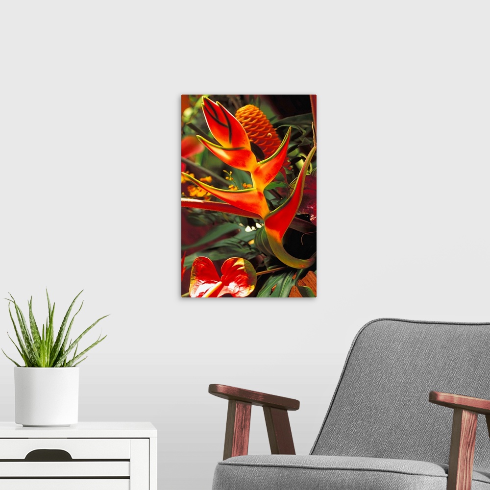 A modern room featuring Beautiful Tropical Bouquet Flower Arrangement With Heliconia