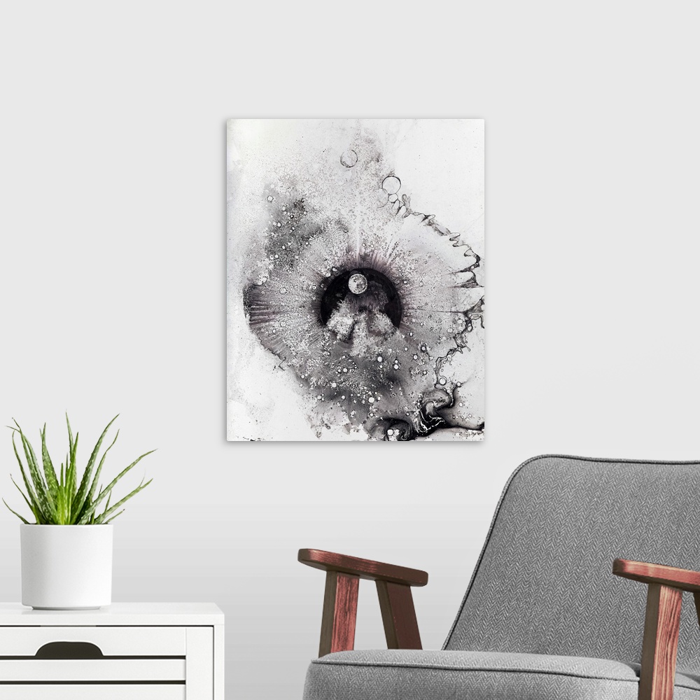 A modern room featuring Black and white abstract illustration.