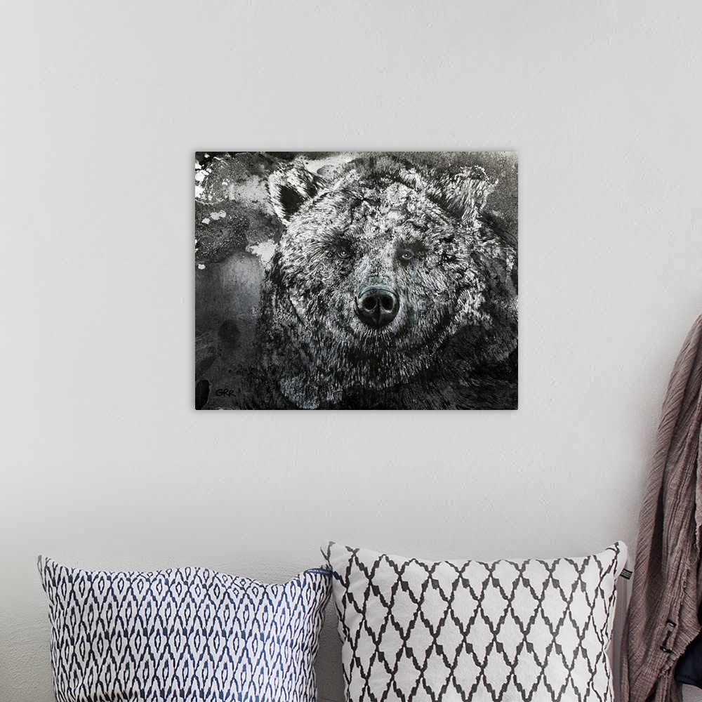 A bohemian room featuring Black And White Illustration Of A Bear.