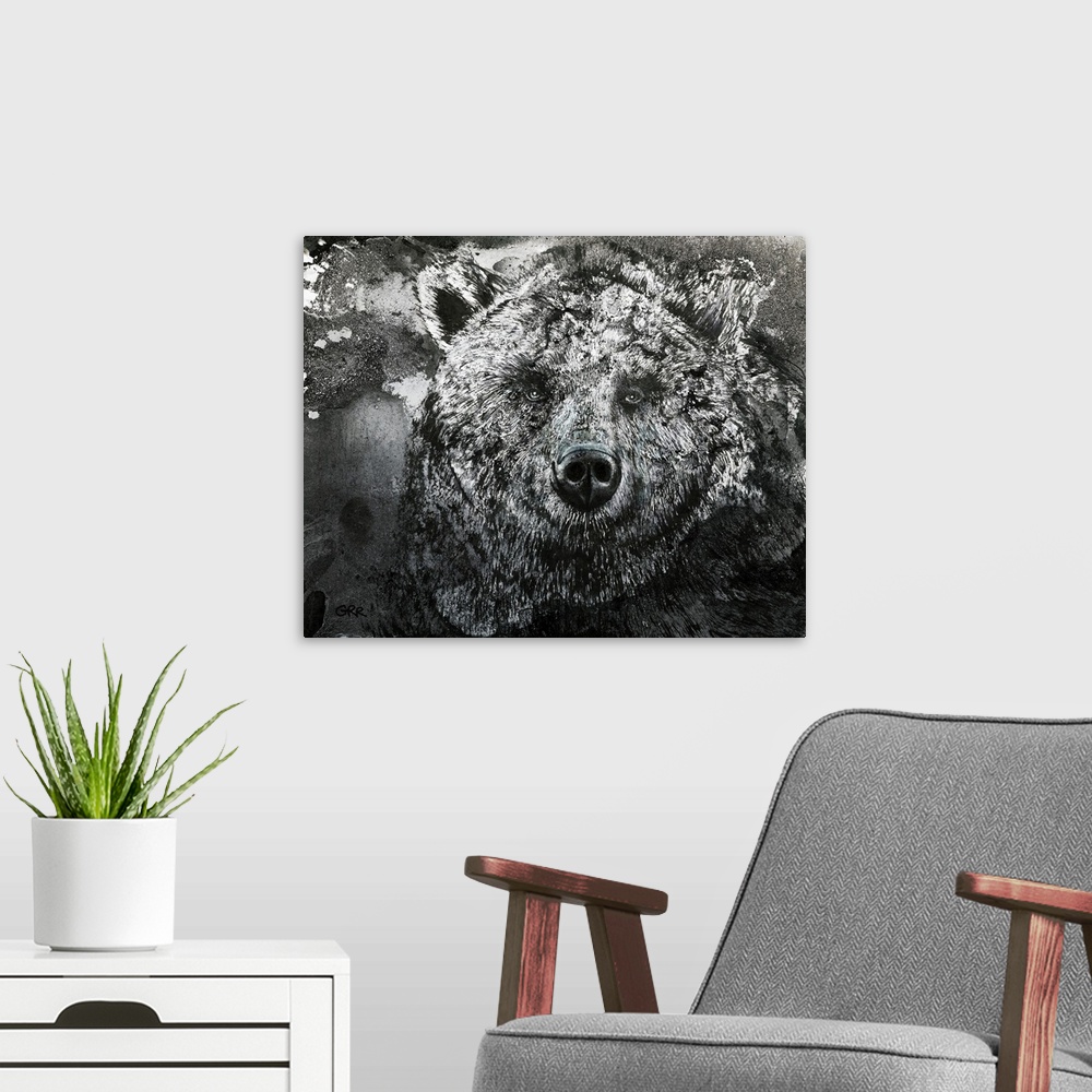 A modern room featuring Black And White Illustration Of A Bear.