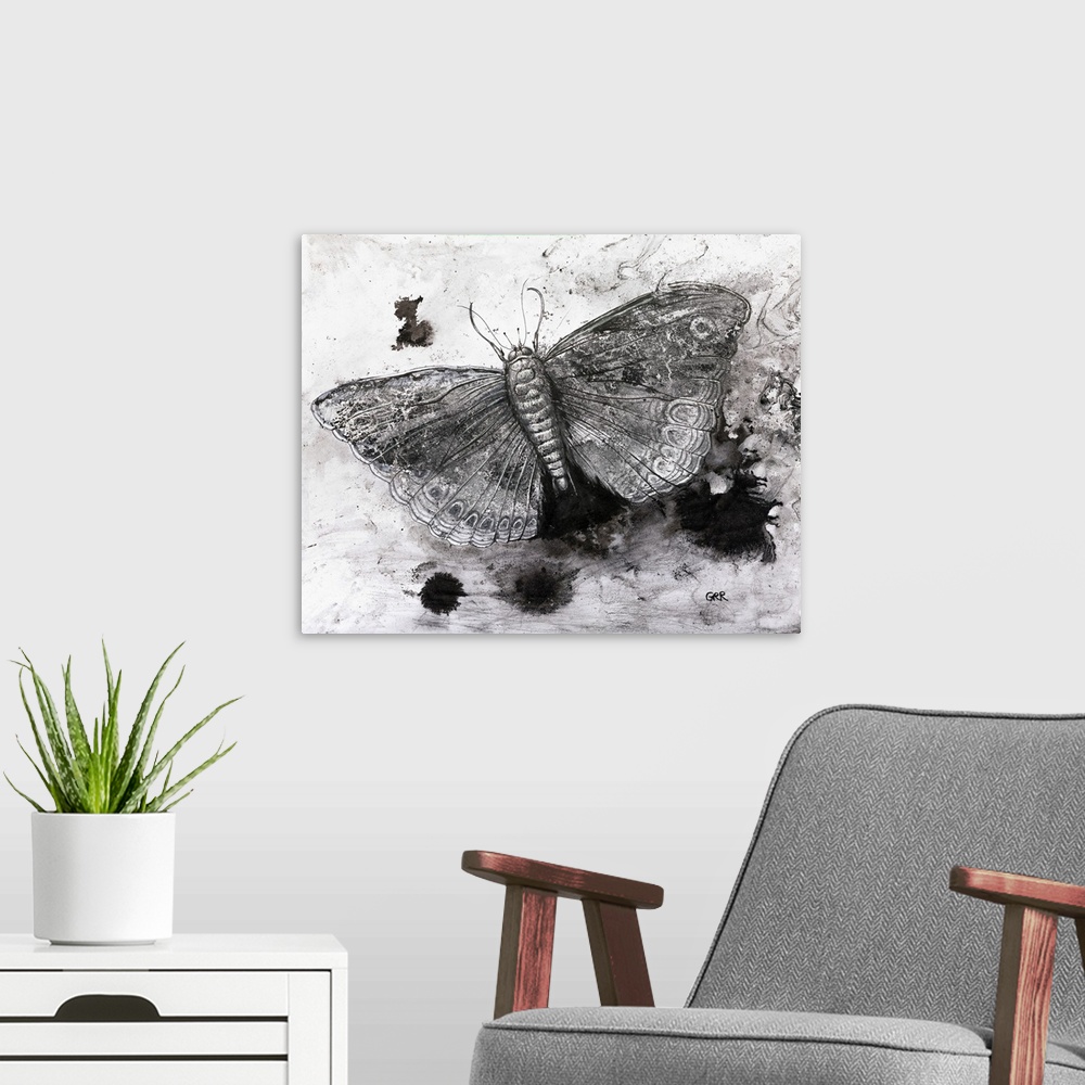 A modern room featuring Black and white illustration of a butterfly.