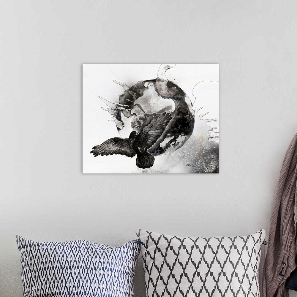 A bohemian room featuring Black and white illustration of a flying bird in front of a globe.