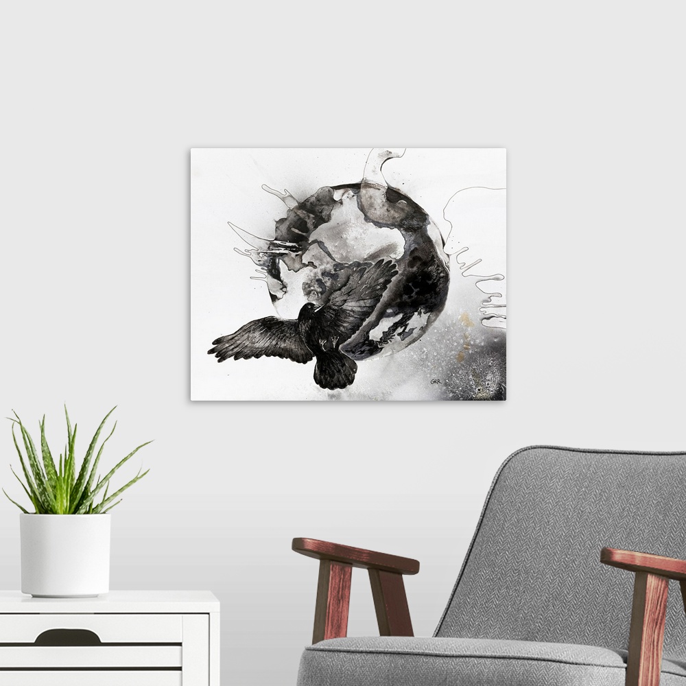 A modern room featuring Black and white illustration of a flying bird in front of a globe.
