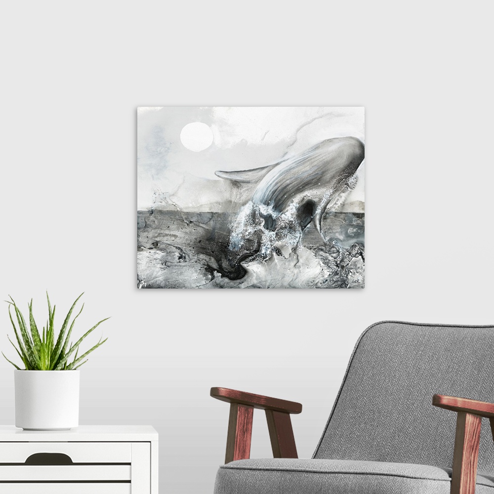 A modern room featuring Black and white illustration of a whale leaping from the surface of the water.